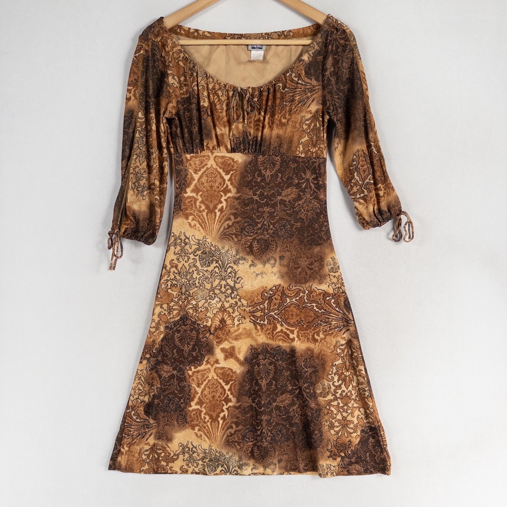 Y2K Hera USA Dress Sz Medium Brown Print Babydoll Stretch Whimsigoth Boho Gothic